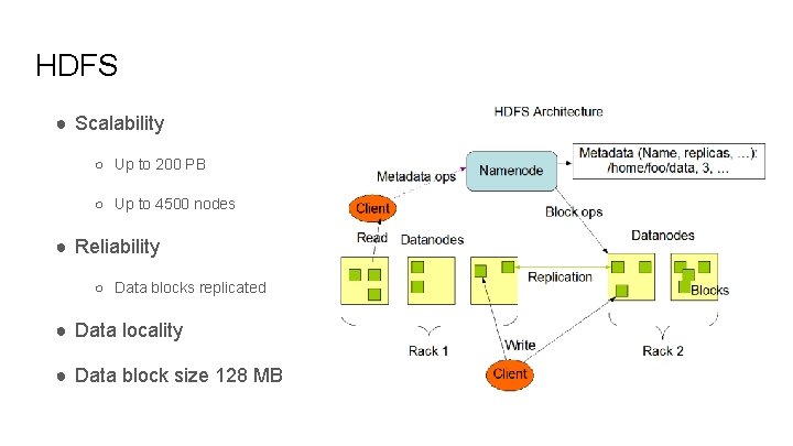 HDFS ● Scalability ○ Up to 200 PB ○ Up to 4500 nodes ●