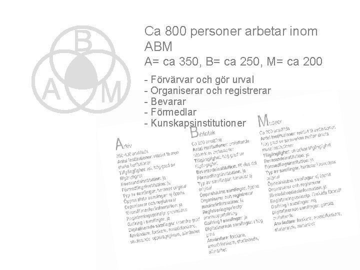Ca 800 personer arbetar inom ABM A= ca 350, B= ca 250, M= ca