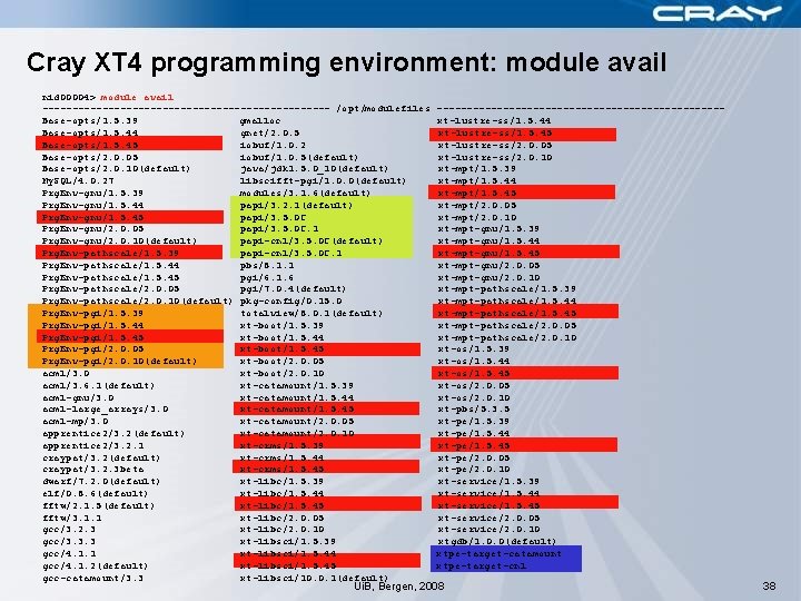 Cray XT 4 programming environment: module avail nid 00004> module avail ------------------------ /opt/modulefiles Base-opts/1.