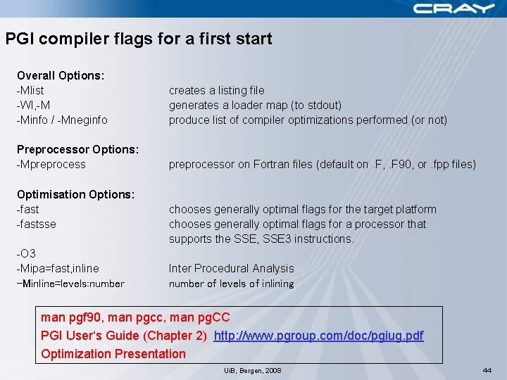 PGI compiler flags for a first start Overall Options: -Mlist -Wl, -M -Minfo /