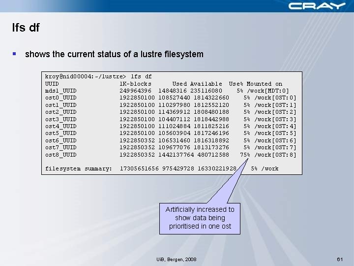 lfs df § shows the current status of a lustre filesystem kroy@nid 00004: ~/lustre>