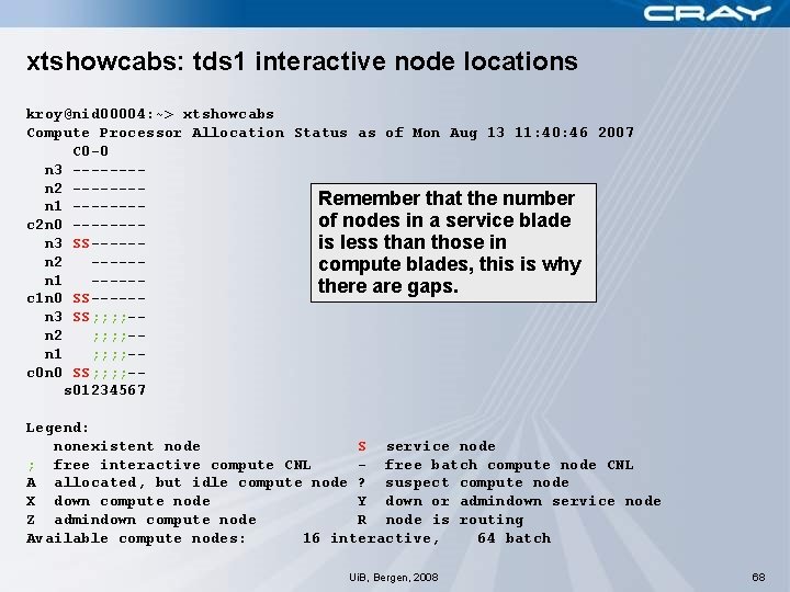 xtshowcabs: tds 1 interactive node locations kroy@nid 00004: ~> xtshowcabs Compute Processor Allocation Status