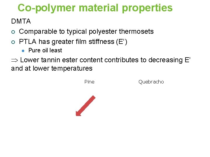 Co-polymer material properties DMTA ¡ Comparable to typical polyester thermosets ¡ PTLA has greater