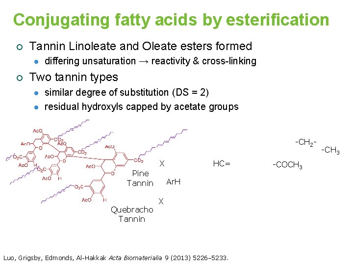 Conjugating fatty acids by esterification ¡ Tannin Linoleate and Oleate esters formed l ¡