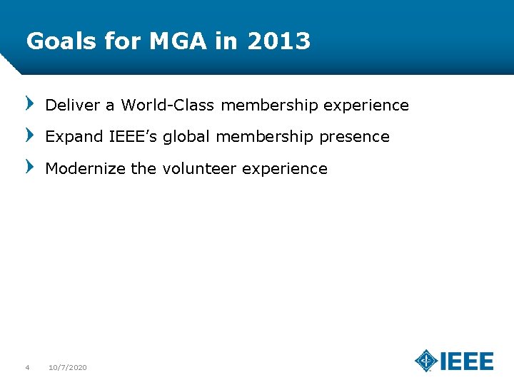 Goals for MGA in 2013 Deliver a World-Class membership experience Expand IEEE’s global membership