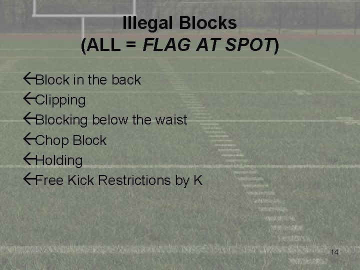 Illegal Blocks (ALL = FLAG AT SPOT) ßBlock in the back ßClipping ßBlocking below