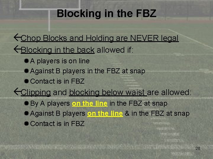 Blocking in the FBZ ßChop Blocks and Holding are NEVER legal ßBlocking in the
