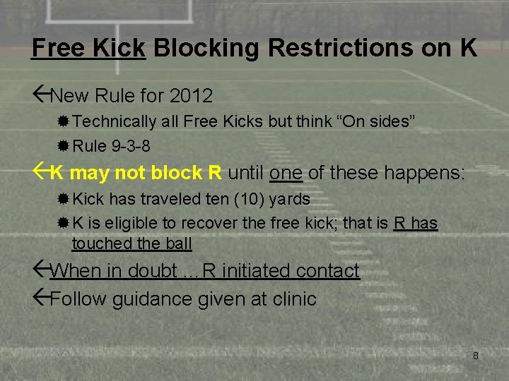 Free Kick Blocking Restrictions on K ßNew Rule for 2012 ®Technically all Free Kicks