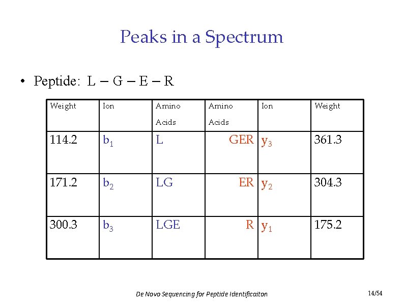Peaks in a Spectrum • Peptide: L – G – E – R Weight