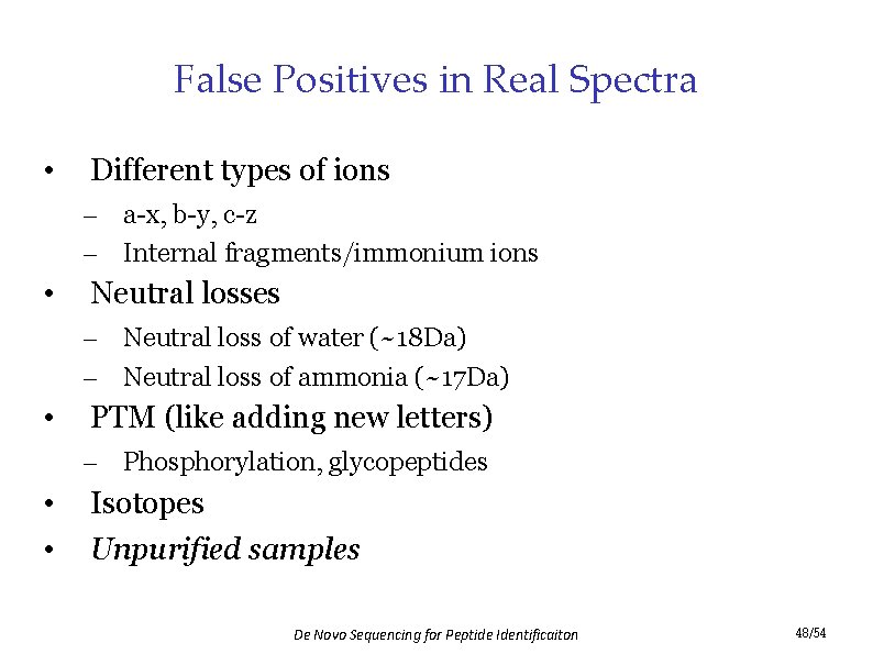 False Positives in Real Spectra • Different types of ions – a-x, b-y, c-z