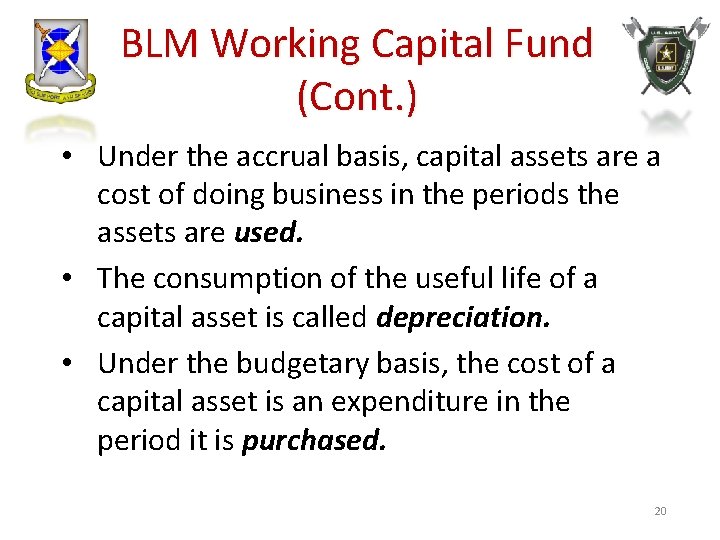 BLM Working Capital Fund (Cont. ) • Under the accrual basis, capital assets are