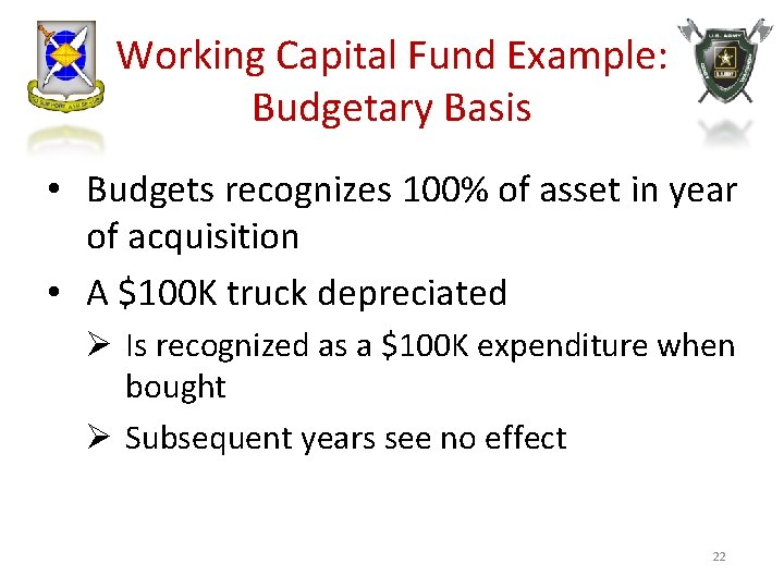 Working Capital Fund Example: Budgetary Basis • Budgets recognizes 100% of asset in year