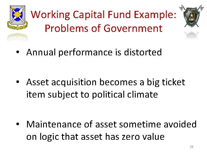 Working Capital Fund Example: Problems of Government • Annual performance is distorted • Asset