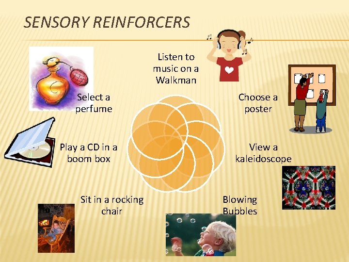 SENSORY REINFORCERS Listen to music on a Walkman Select a perfume Play a CD