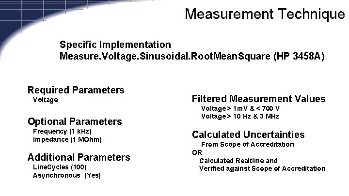 Measurement Technique Specific Implementation Measure. Voltage. Sinusoidal. Root. Mean. Square (HP 3458 A) Required