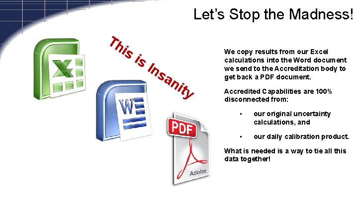 Let’s Stop the Madness! Th is is We copy results from our Excel calculations