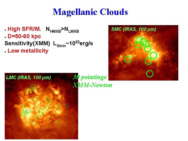 Magellanic Clouds High SFR/M* NHMXB>NLMXB ● D=50 -60 kpc Sensitivity(XMM) LXmin~1033 erg/s ● Low