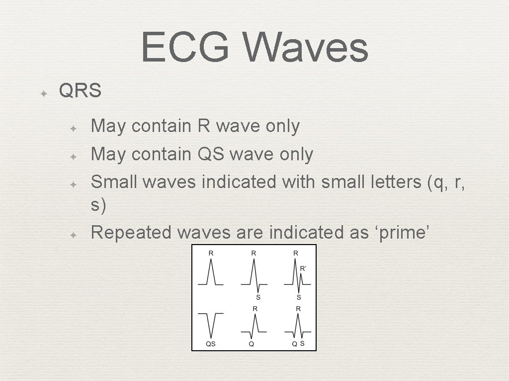ECG Waves ✦ QRS ✦ ✦ May contain R wave only May contain QS