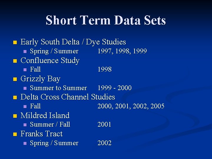 Short Term Data Sets n Early South Delta / Dye Studies n n Summer