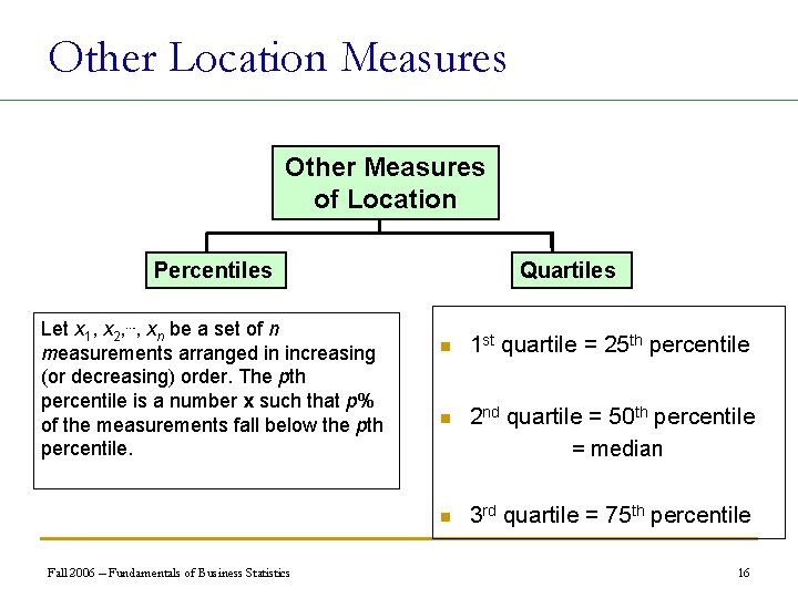 Other Location Measures Other Measures of Location Percentiles Let x 1, x 2, ⋯,