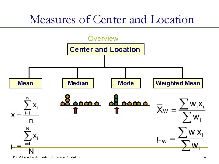 Measures of Center and Location Overview Center and Location Mean Median Fall 2006 –