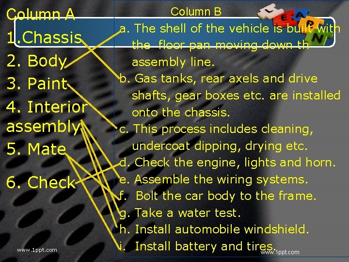 Column A 1. Chassis 2. Body 3. Paint 4. Interior assembly 5. Mate 6.