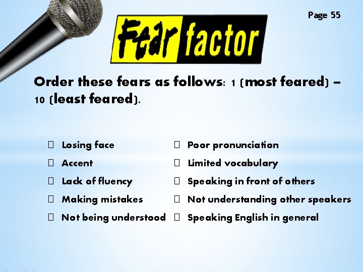 Page 55 Order these fears as follows: 1 (most feared) – 10 (least feared).