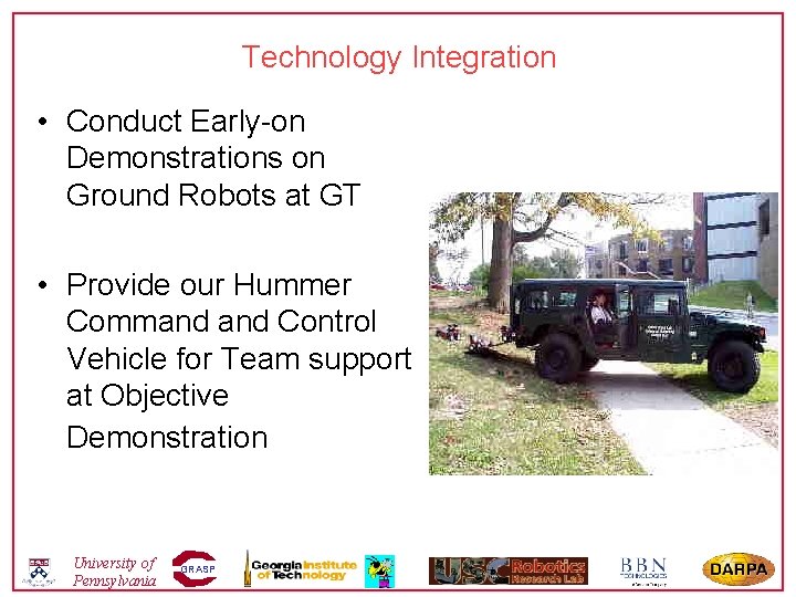 Technology Integration • Conduct Early-on Demonstrations on Ground Robots at GT • Provide our