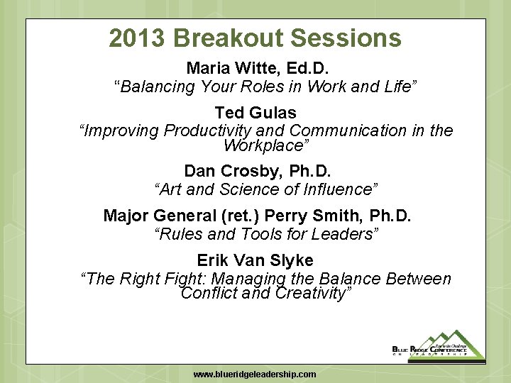 2013 Breakout Sessions Maria Witte, Ed. D. “Balancing Your Roles in Work and Life”