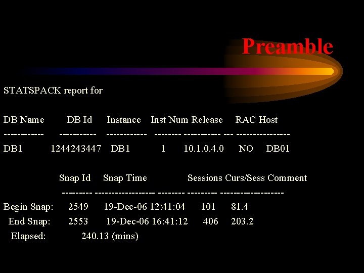 Preamble STATSPACK report for DB Name DB Id Instance Inst Num Release RAC Host
