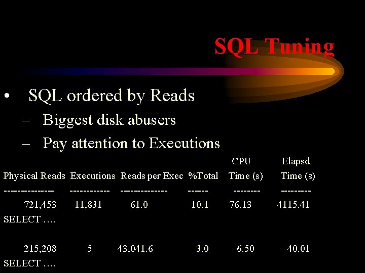 SQL Tuning • SQL ordered by Reads – Biggest disk abusers – Pay attention
