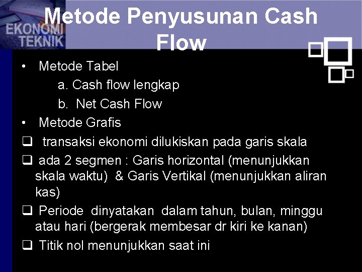 Metode Penyusunan Cash Flow • Metode Tabel a. Cash flow lengkap b. Net Cash