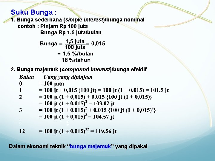 Suku Bunga : 1. Bunga sederhana (simple interest)/bunga nominal contoh : Pinjam Rp 100