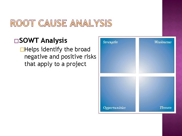 � SOWT �Helps Analysis identify the broad negative and positive risks that apply to � SOWT �Helps Analysis identify the broad negative and positive risks that apply to