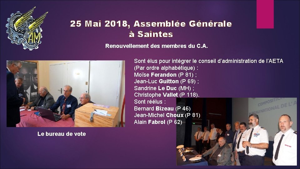 25 Mai 2018, Assemblée Générale à Saintes Renouvellement des membres du C. A. Sont