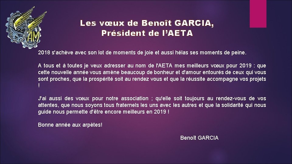 Les vœux de Benoît GARCIA, Président de l’AETA 2018 s'achève avec son lot de