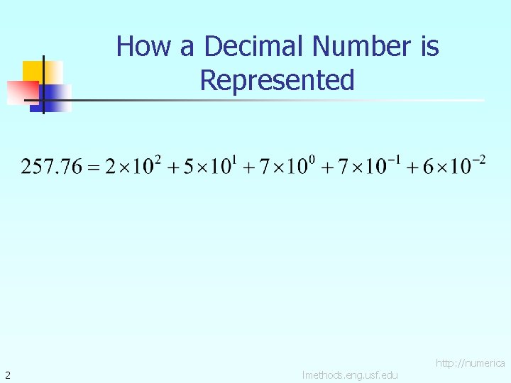 How a Decimal Number is Represented 2 lmethods. eng. usf. edu http: //numerica 