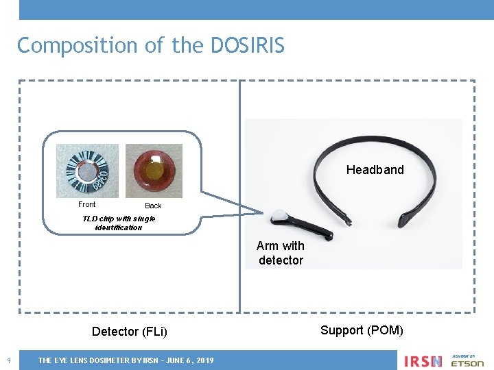 Composition of the DOSIRIS Headband Front Back TLD chip with single identification Arm with