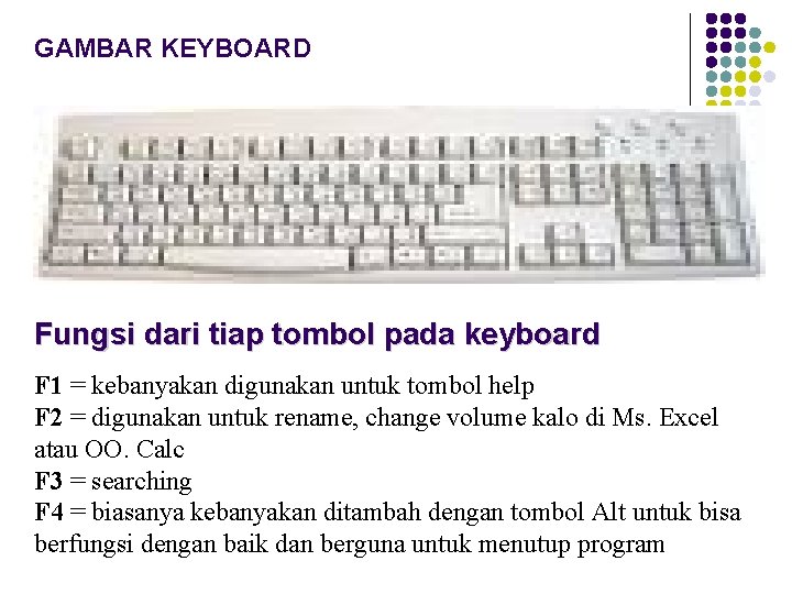 GAMBAR KEYBOARD Fungsi dari tiap tombol pada keyboard F 1 = kebanyakan digunakan untuk