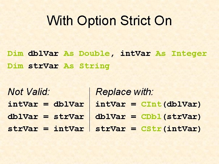 With Option Strict On Dim dbl. Var As Double, int. Var As Integer Dim