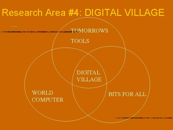 Research Area #4: DIGITAL VILLAGE …. TOMORROWS TOOLS DIGITAL VILLAGE WORLD COMPUTER BITS FOR