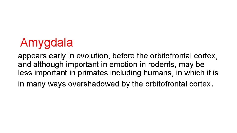 Amygdala appears early in evolution, before the orbitofrontal cortex, and although important in Amygdala appears early in evolution, before the orbitofrontal cortex, and although important in