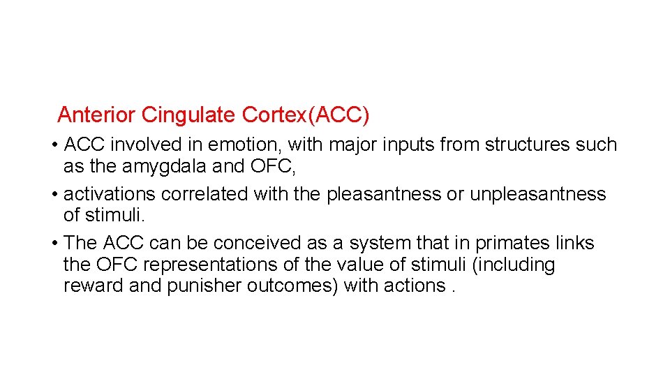 Anterior Cingulate Cortex(ACC) • ACC involved in emotion, with major inputs from structures Anterior Cingulate Cortex(ACC) • ACC involved in emotion, with major inputs from structures