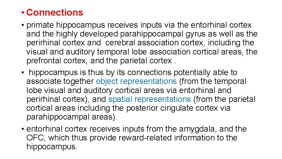 • Connections • primate hippocampus receives inputs via the entorhinal cortex and the • Connections • primate hippocampus receives inputs via the entorhinal cortex and the