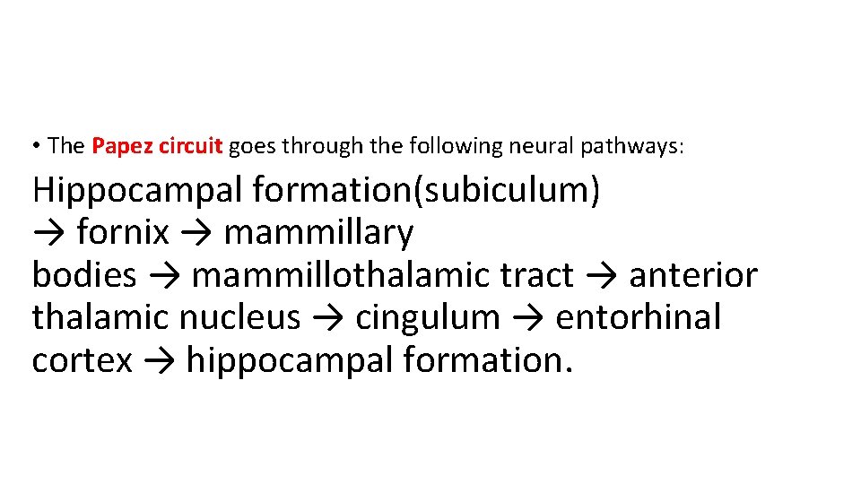 • The Papez circuit goes through the following neural pathways: Hippocampal formation(subiculum) → • The Papez circuit goes through the following neural pathways: Hippocampal formation(subiculum) →