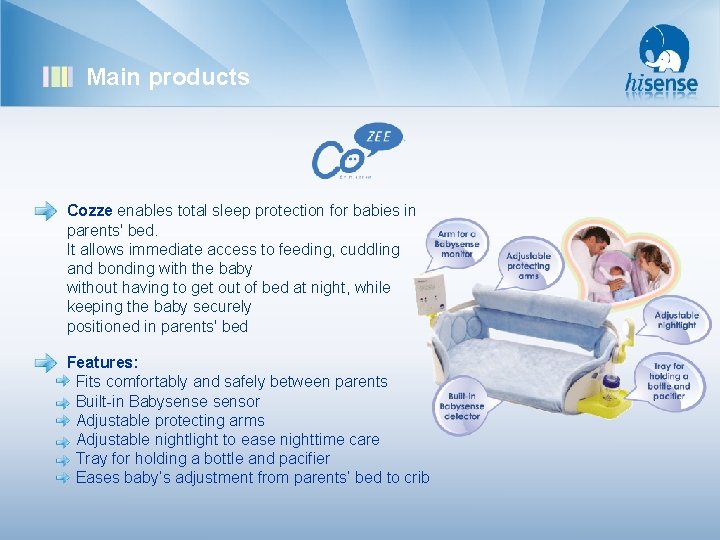 Main products Cozze enables total sleep protection for babies in parents' bed. It allows