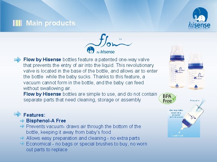 Main products Flow by Hisense bottles feature a patented one-way valve that prevents the