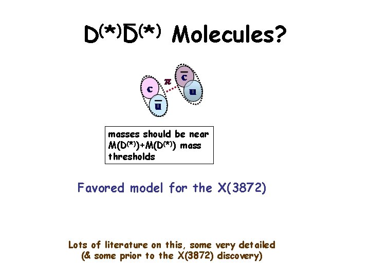 D(*) Molecules? masses should be near M(D(*))+M(D(*)) mass thresholds Favored model for the X(3872)