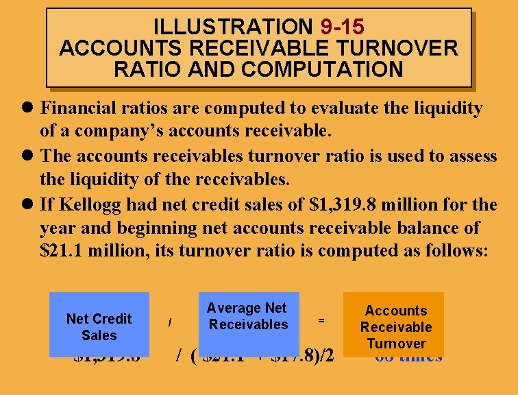 ILLUSTRATION 9 -15 ACCOUNTS RECEIVABLE TURNOVER RATIO AND COMPUTATION l Financial ratios are computed