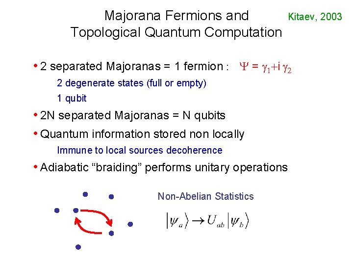 Majorana Fermions and Topological Quantum Computation Kitaev, 2003 • 2 separated Majoranas = 1